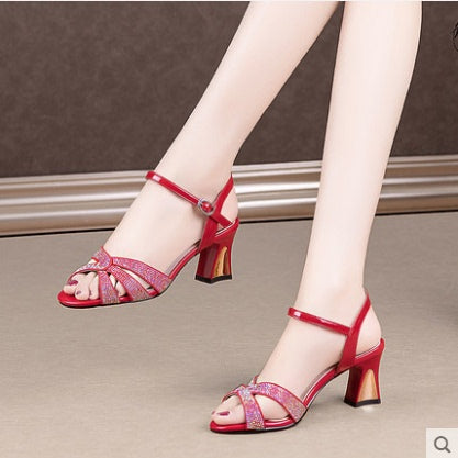 Rhinestone Word Strap Sandals Women Low Heel Toe Patent Leather Fashion Shoes