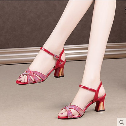 Rhinestone Word Strap Sandals Women Low Heel Toe Patent Leather Fashion Shoes