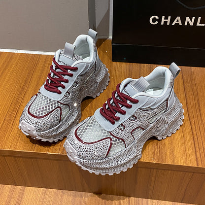 TIANXIU Women's Chunky Platform Sneakers, Light Yellow Glitter Rhinestone Accent Fashion Shoes With Green Trim And Thick White Sole