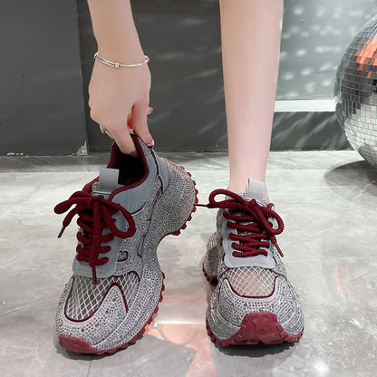 TIANXIU Women's Chunky Platform Sneakers, Light Yellow Glitter Rhinestone Accent Fashion Shoes With Green Trim And Thick White Sole