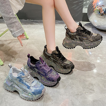 Glitter Diamond Purple Platform Sneakers Women Luxury Suede Casual Running Shoes Fashion Bling Cushion Dad Shoes