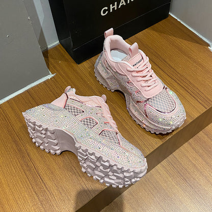 TIANXIU Women's Chunky Platform Sneakers, Light Yellow Glitter Rhinestone Accent Fashion Shoes With Green Trim And Thick White Sole