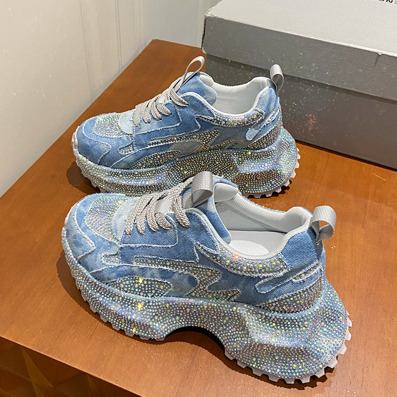 Glitter Diamond Purple Platform Sneakers Women Luxury Suede Casual Running Shoes Fashion Bling Cushion Dad Shoes