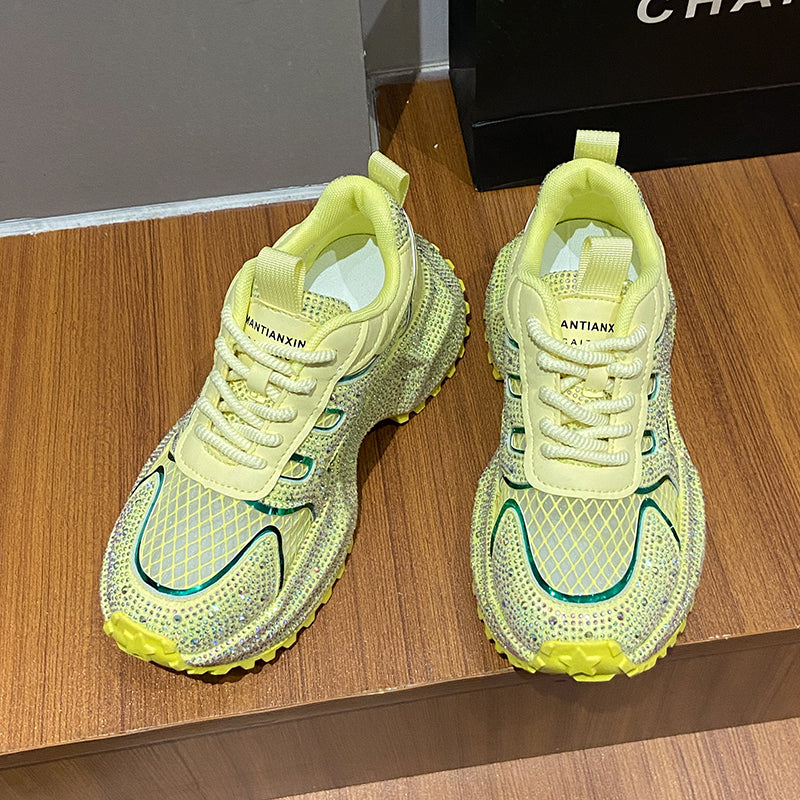 TIANXIU Women's Chunky Platform Sneakers, Light Yellow Glitter Rhinestone Accent Fashion Shoes With Green Trim And Thick White Sole