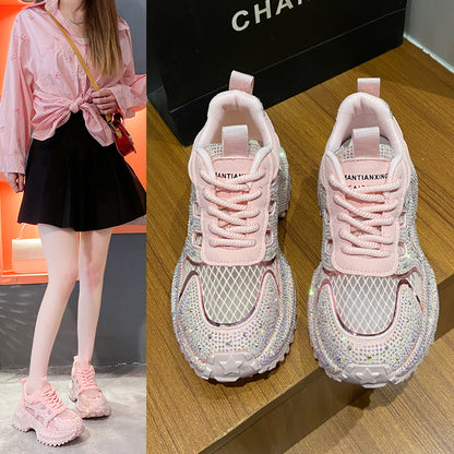 TIANXIU Women's Chunky Platform Sneakers, Light Yellow Glitter Rhinestone Accent Fashion Shoes With Green Trim And Thick White Sole