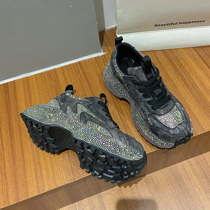 Glitter Diamond Purple Platform Sneakers Women Luxury Suede Casual Running Shoes Fashion Bling Cushion Dad Shoes