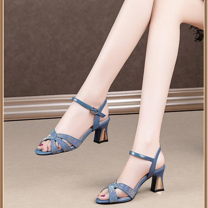 Rhinestone Word Strap Sandals Women Low Heel Toe Patent Leather Fashion Shoes