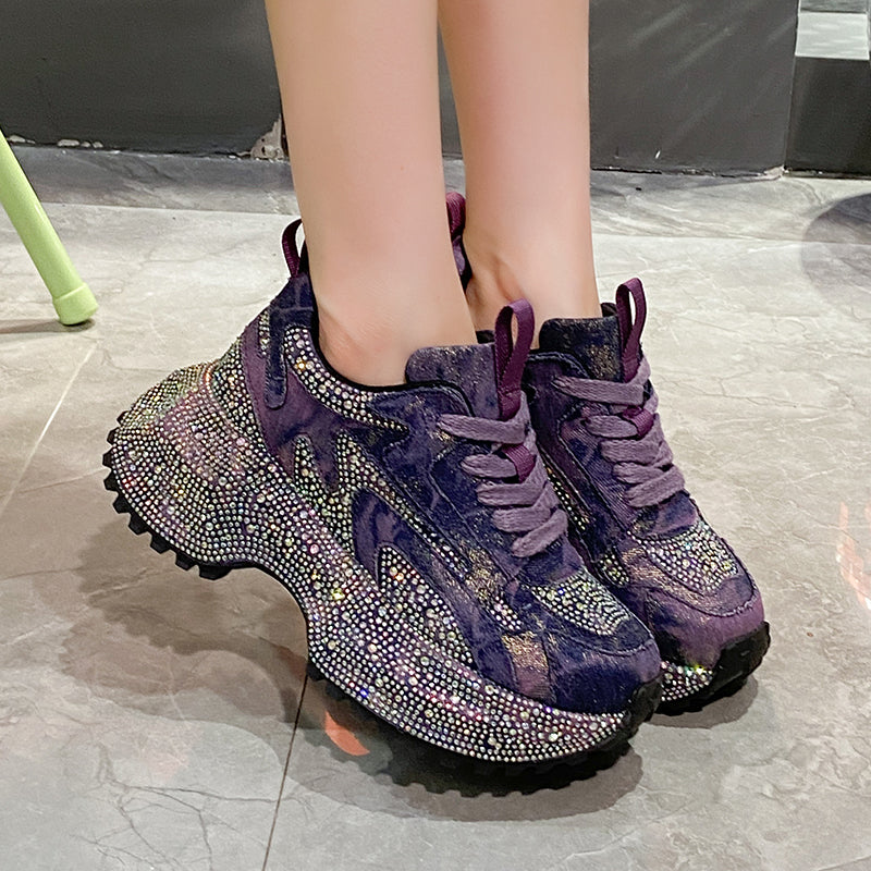 Glitter Diamond Purple Platform Sneakers Women Luxury Suede Casual Running Shoes Fashion Bling Cushion Dad Shoes