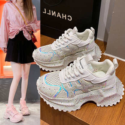 TIANXIU Women's Chunky Platform Sneakers, Light Yellow Glitter Rhinestone Accent Fashion Shoes With Green Trim And Thick White Sole