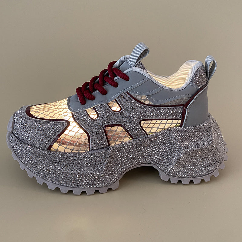 TIANXIU Women's Chunky Platform Sneakers, Light Yellow Glitter Rhinestone Accent Fashion Shoes With Green Trim And Thick White Sole