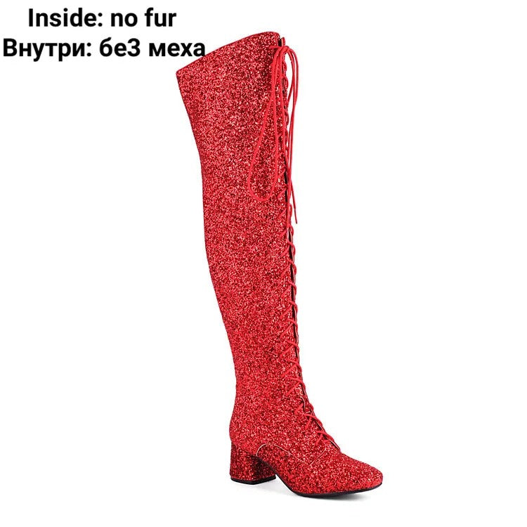 Women’s Glitter Bling Over-the-Knee Sequined Lace-Up Boots