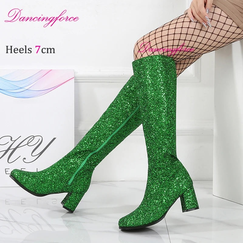 Sexy Women Silver Glitter Retro 60s 70s GoGo Boots