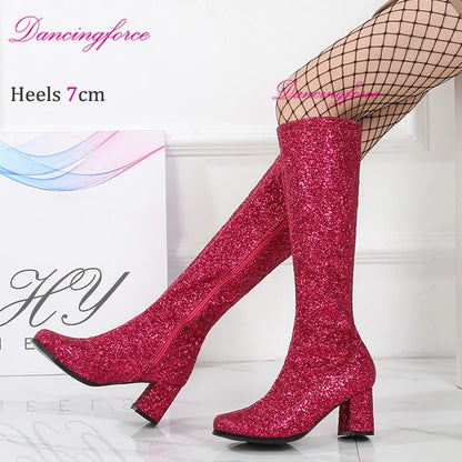 Sexy Women Silver Glitter Retro 60s 70s GoGo Boots