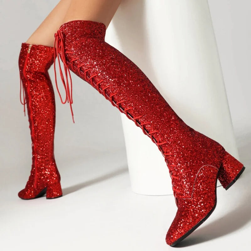 Women’s Glitter Bling Over-the-Knee Sequined Lace-Up Boots