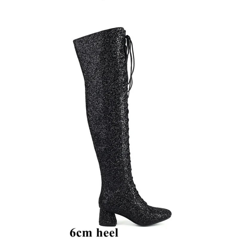 Women’s Glitter Bling Over-the-Knee Sequined Lace-Up Boots