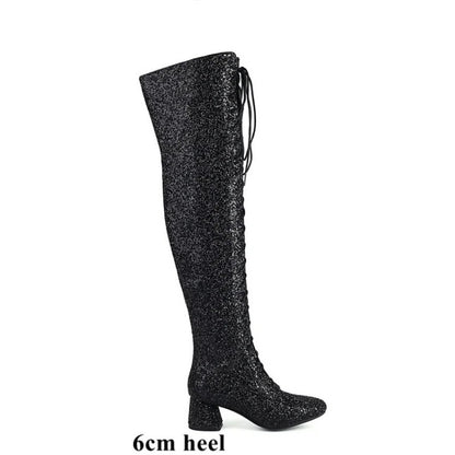 Women’s Glitter Bling Over-the-Knee Sequined Lace-Up Boots