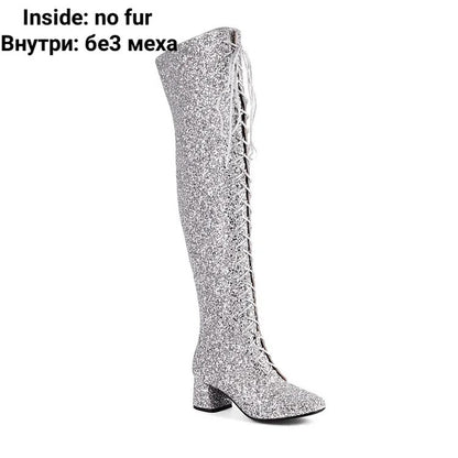 Women’s Glitter Bling Over-the-Knee Sequined Lace-Up Boots