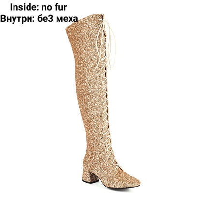 Women’s Glitter Bling Over-the-Knee Sequined Lace-Up Boots