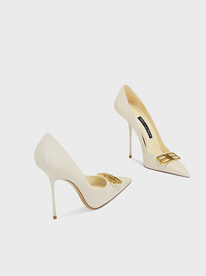 Beige Patent Leather Pointed-Toe High Heels for Women – Super Shallow Slip-On Fashion Pumps